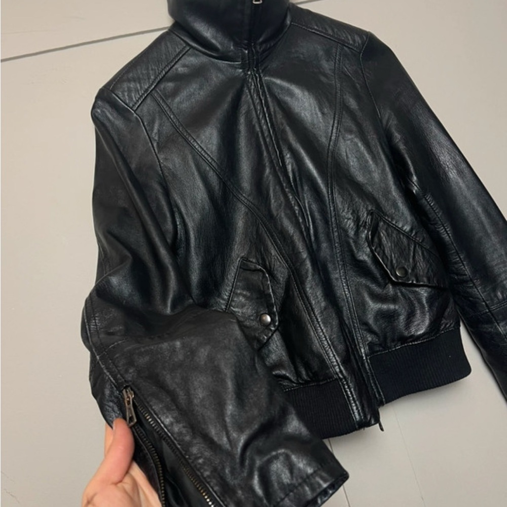 Black Leather Funnel Neck Jacket
